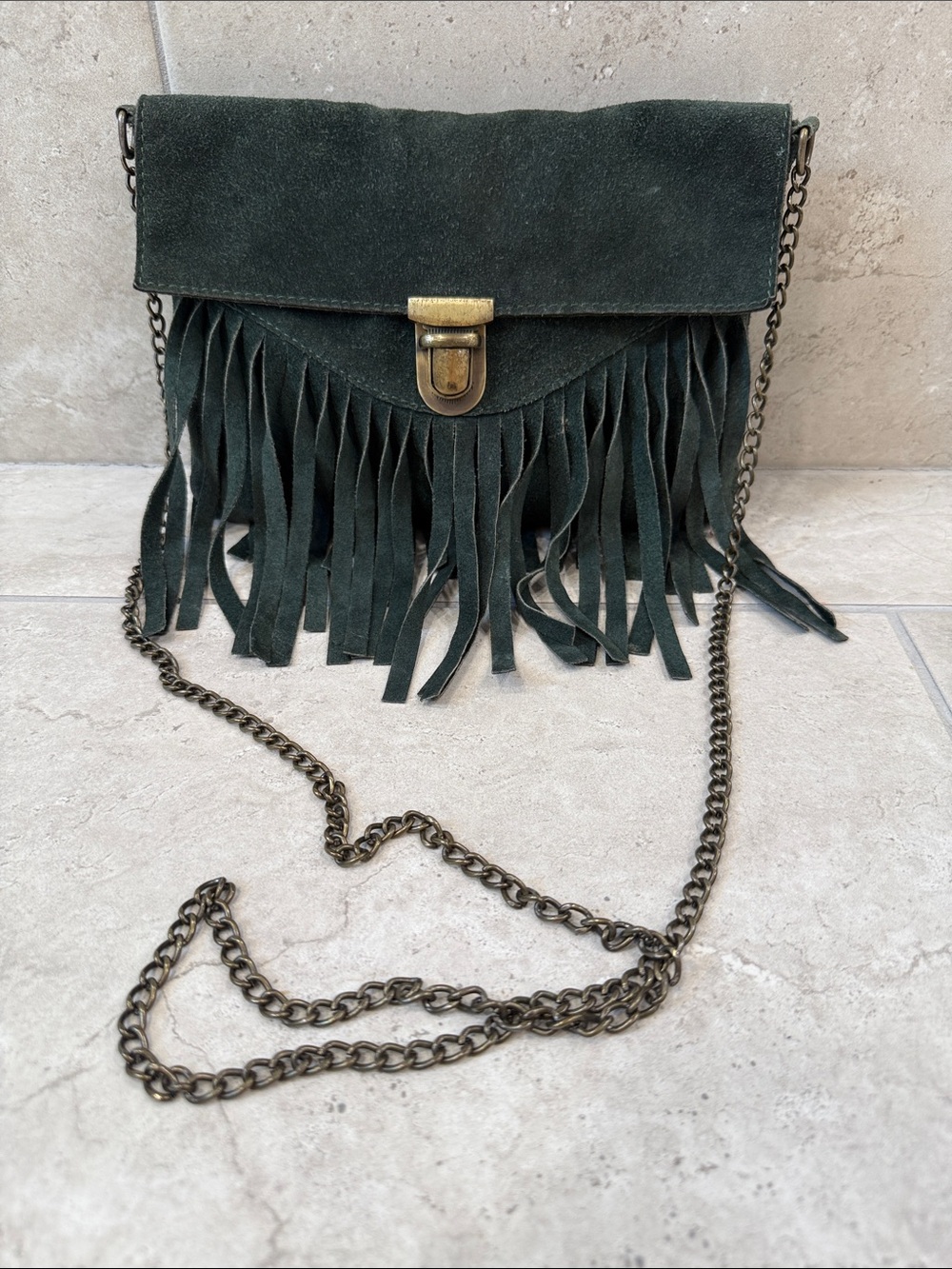 Vintage Genuine Leather Horse in Pelle Made in Italy Green Fringe Crossbody